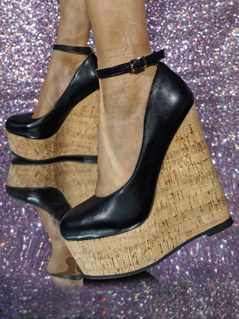 Damskie Buty Na Koturnie Seksowne Z Okrągłym Noskiem Pu Skórzane Kliny