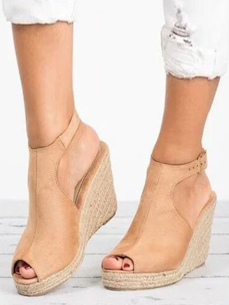 Damskie Sandały Na Koturnie Z Odkrytymi Palcami Frotte Espadryle - Khaki