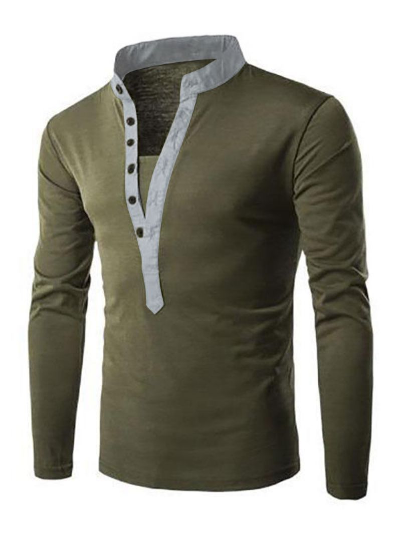 Męskie T-shirty Eleganckie Z Długimi Rękawami I Dekoltem W Kształcie Klejnotów - Zielony Myśliwski