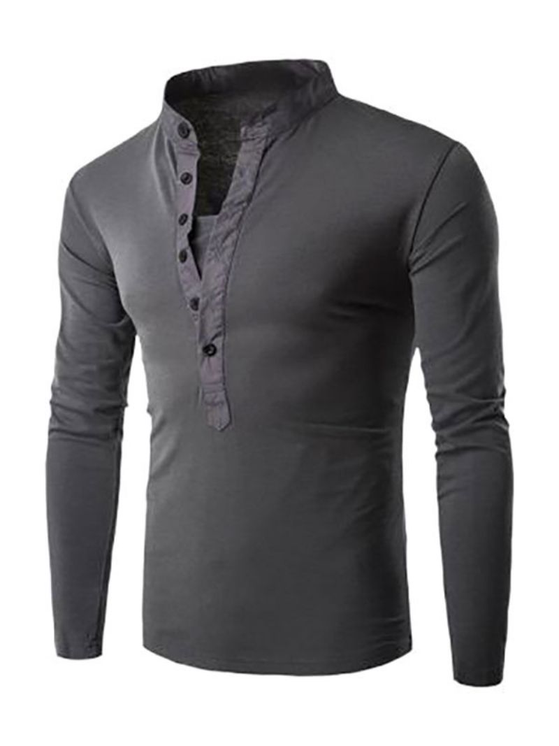 Męskie T-shirty Eleganckie Z Długimi Rękawami I Dekoltem W Kształcie Klejnotów - Szary