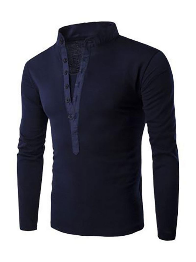 Męskie T-shirty Eleganckie Z Długimi Rękawami I Dekoltem W Kształcie Klejnotów - Niebieski