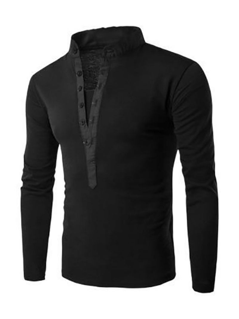 Męskie T-shirty Eleganckie Z Długimi Rękawami I Dekoltem W Kształcie Klejnotów - Czarny