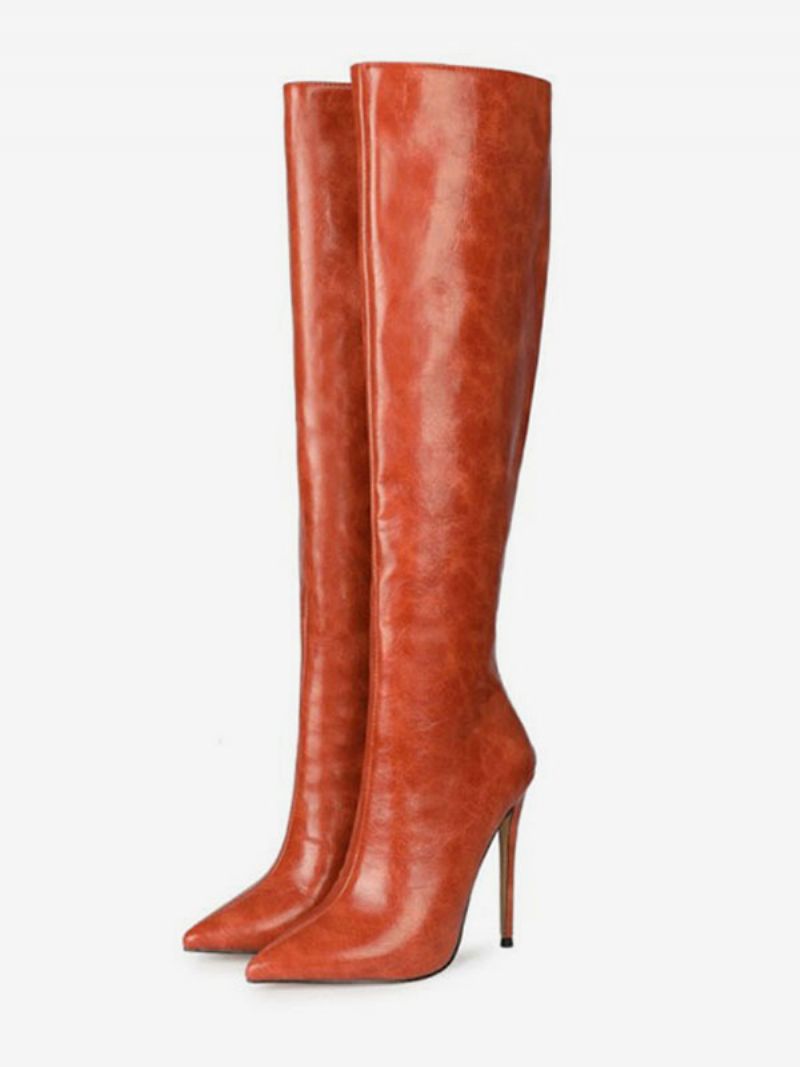 Damskie Buty Do Kolan Granatowe Szpiczaste Na Szpilkach Ze Skóry Pu - Pomarańczowy Czerwony