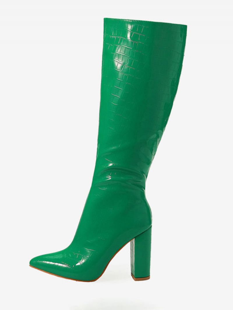Damskie Buty Do Kolan Na Grubym Obcasie Z Wytłoczonym Wzorem Croc - Zielony