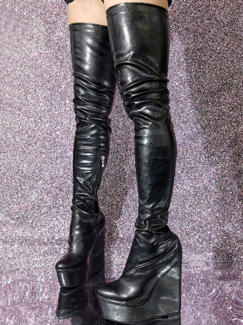 Damskie Buty Na Koturnie Obcasie Skóra Pu - Czarny