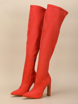 Damskie Buty Za Kolano Chunky Heel Pointed Toe Mikro Zamszowe Górne Pomarańczowe CZerwone Udo