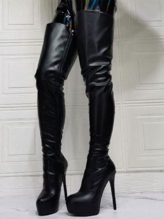 Damskie Buty Za Kolano Plus Size Szpilki Pu Skórzane CZarne Udo