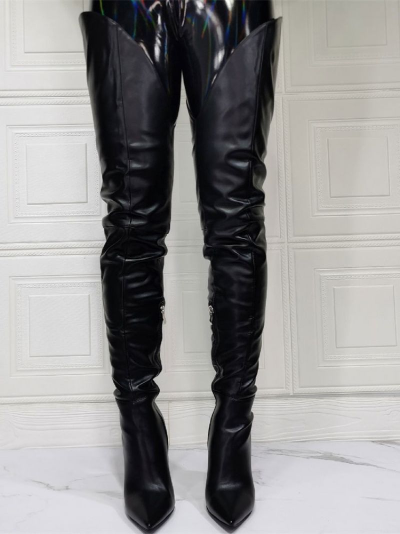Damskie Buty Za Kolano Plus Size Szpilki Pu Skórzane CZarne Udo - Czarny