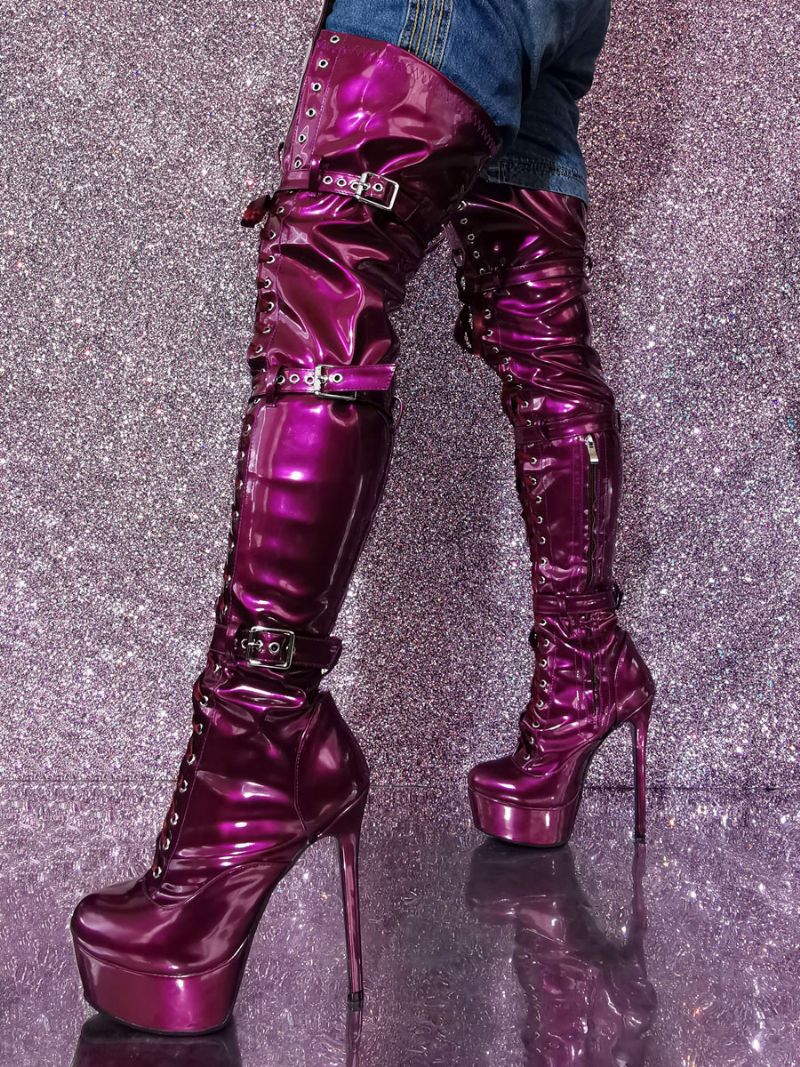 Damskie Buty Za Kolano Seksowne Metalowe Na Szpilce Z Okrągłym CZubkiem - Śliwka