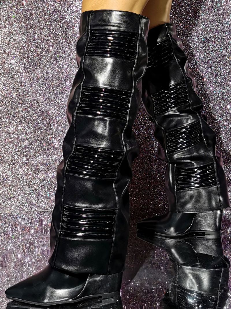 Modne Damskie Buty Na Koturnie Obcasie I Do Kolan - Czarny
