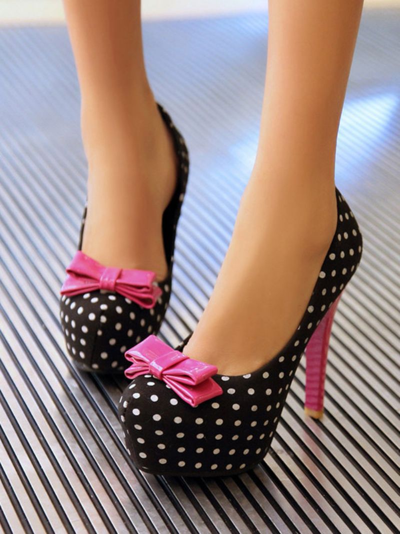 Damskie Buty Na Wysokim Obcasie W Stylu Vintage CZarne Kropki Z Kokardką