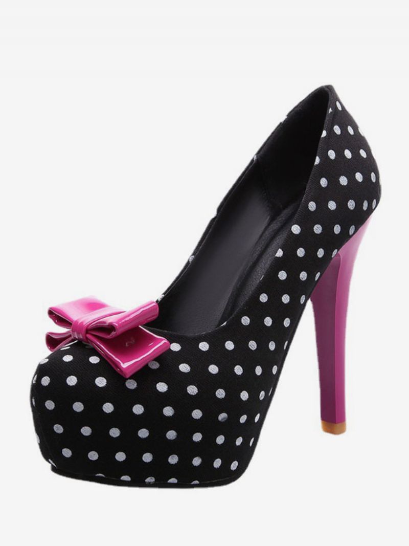 Damskie Buty Na Wysokim Obcasie W Stylu Vintage CZarne Kropki Z Kokardką - Róża