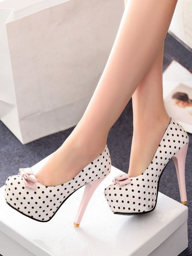 Damskie Buty Na Wysokim Obcasie W Stylu Vintage CZarne Kropki Z Kokardką - Biała