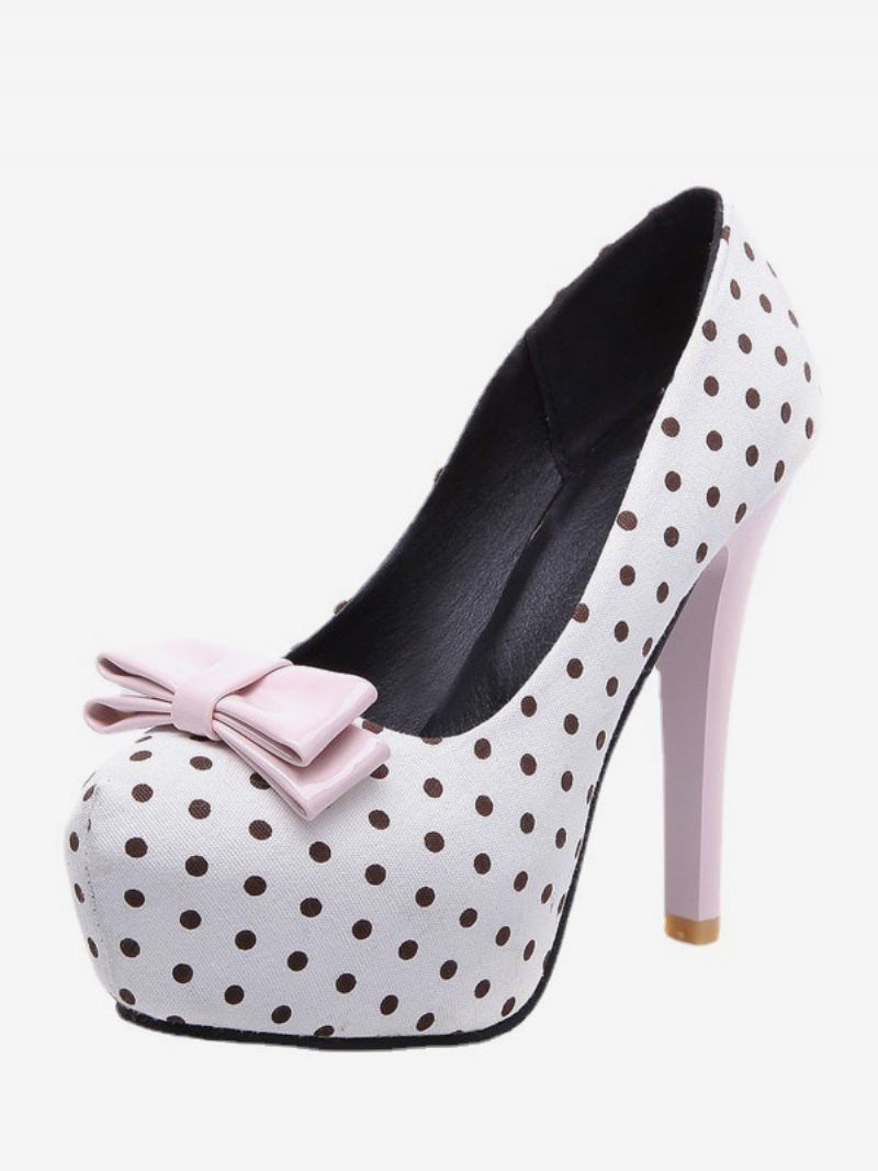 Damskie Buty Na Wysokim Obcasie W Stylu Vintage CZarne Kropki Z Kokardką - Biała