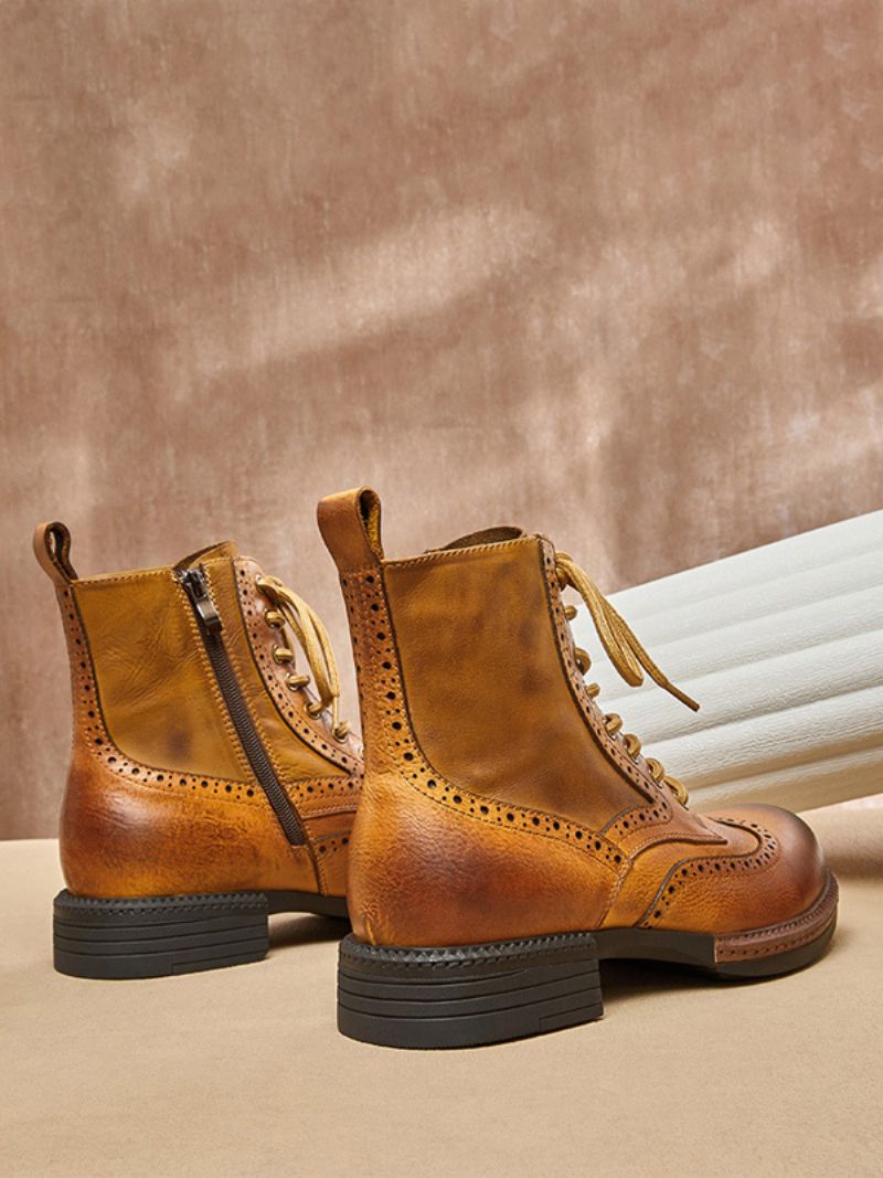 Męskie Martin Brogue Business Casual Retro Kawowe Brązowe Krótkie Buty Cowhiede Okrągłe Noski - Kawowy Brąz
