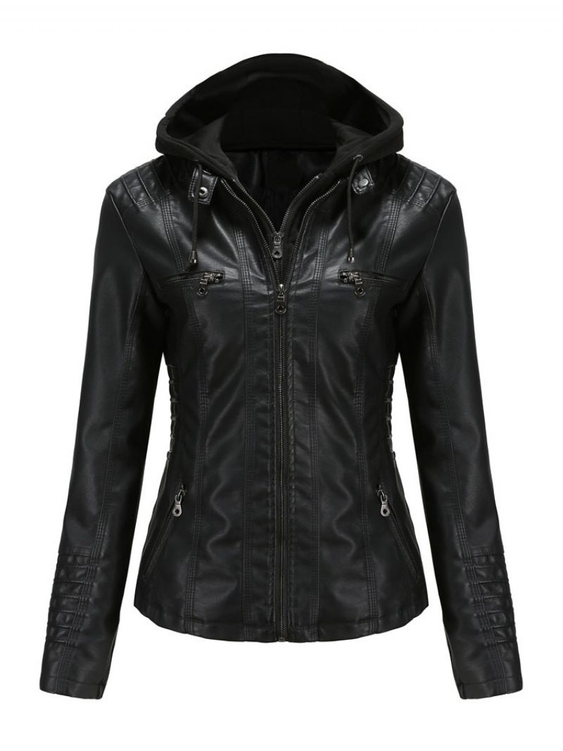 Kurtka Ze Sztucznej Skóry Odpinana Bluza Z Kapturem Pu Zapinana Na Zamek Solid Color Wiosna Jesień Street Biker Odzież Wierzchnia Dla Kobiet - Czarny
