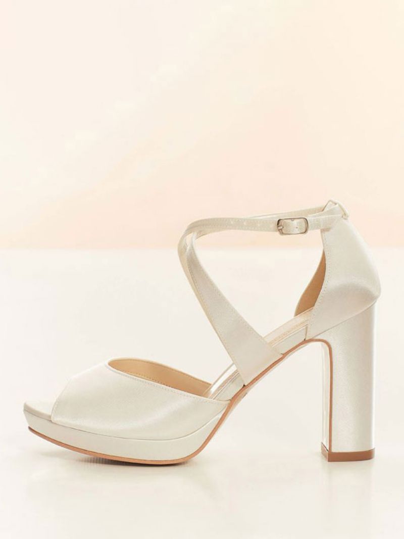 Damskie Buty Ślubne CZółenka Satynowe Peep Toe - Biały