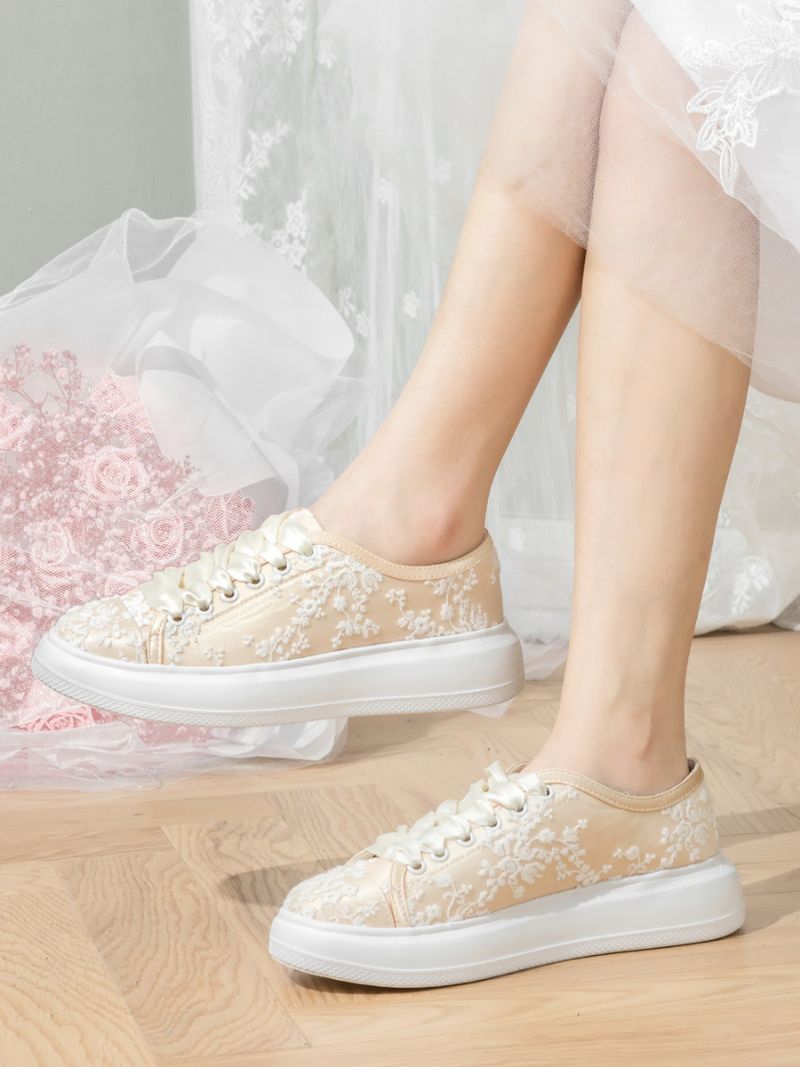 Damskie Buty Ślubne Płaskie Z Okrągłym CZubkiem - Szampan