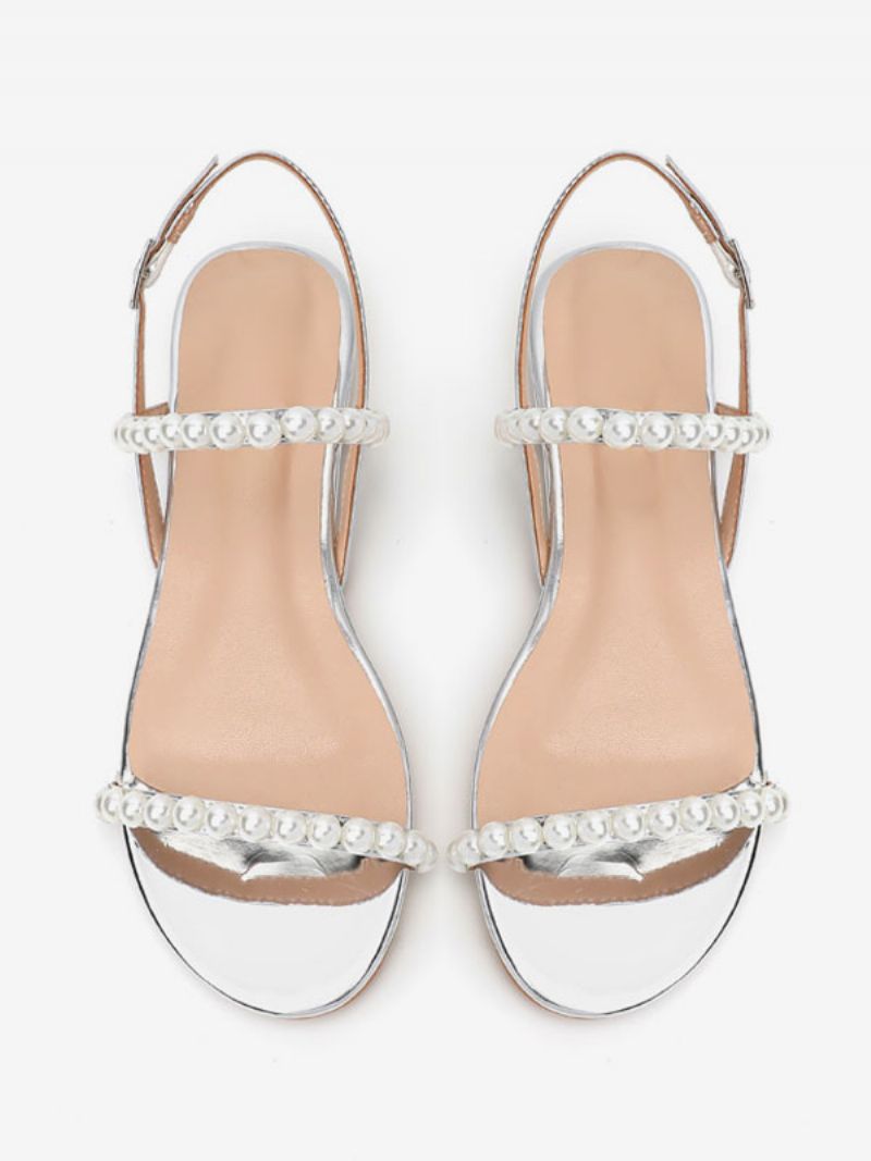Damskie Buty Ślubne Pu Skóra Srebrne Open Toe Perły Płaskie - Srebro
