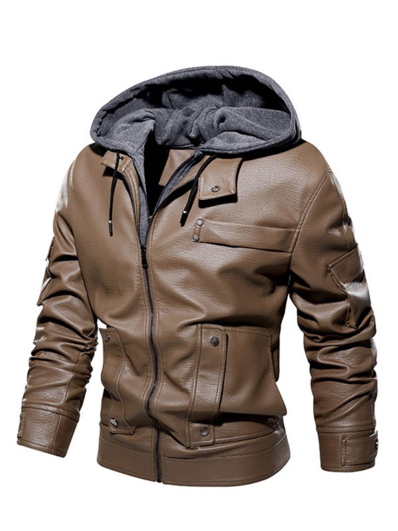 Męska Skórzana Kurtka Wygodna Warstwowa Zapinana Na Zamek Kolorowy Blok Moda Moto Wiosenny Kawowy Brąz - Khaki