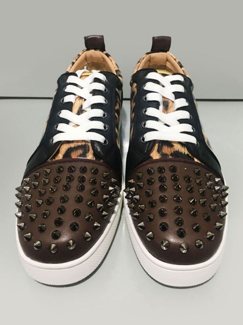 Męskie Sznurowane Niskie Tenisówki W Panterkę Z Kolcami Buty Na Bal Maturalny - Czarny