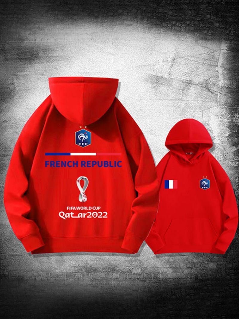 Męska Biała Bluza Z Kapturem France Team Katar 2022 Długim Rękawem - Czerwony