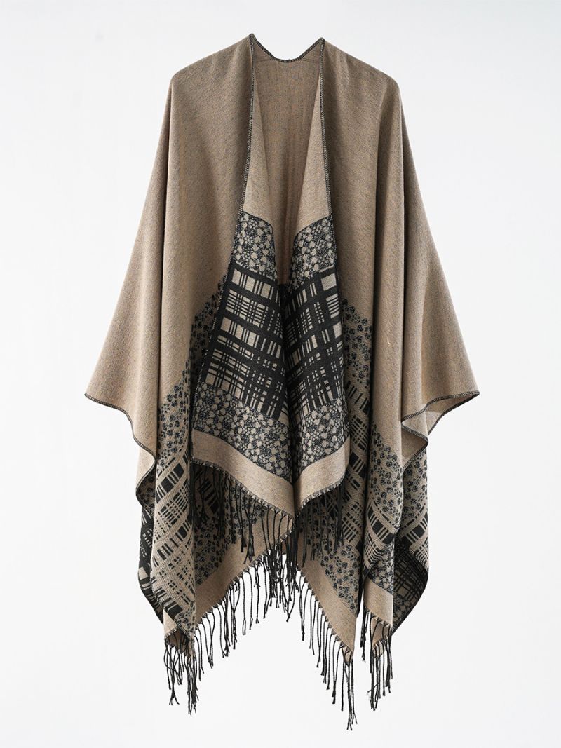 Damskie Poncho W Kratę Wiosna Jesień Codzienny Casual Z Frędzlami - Khaki