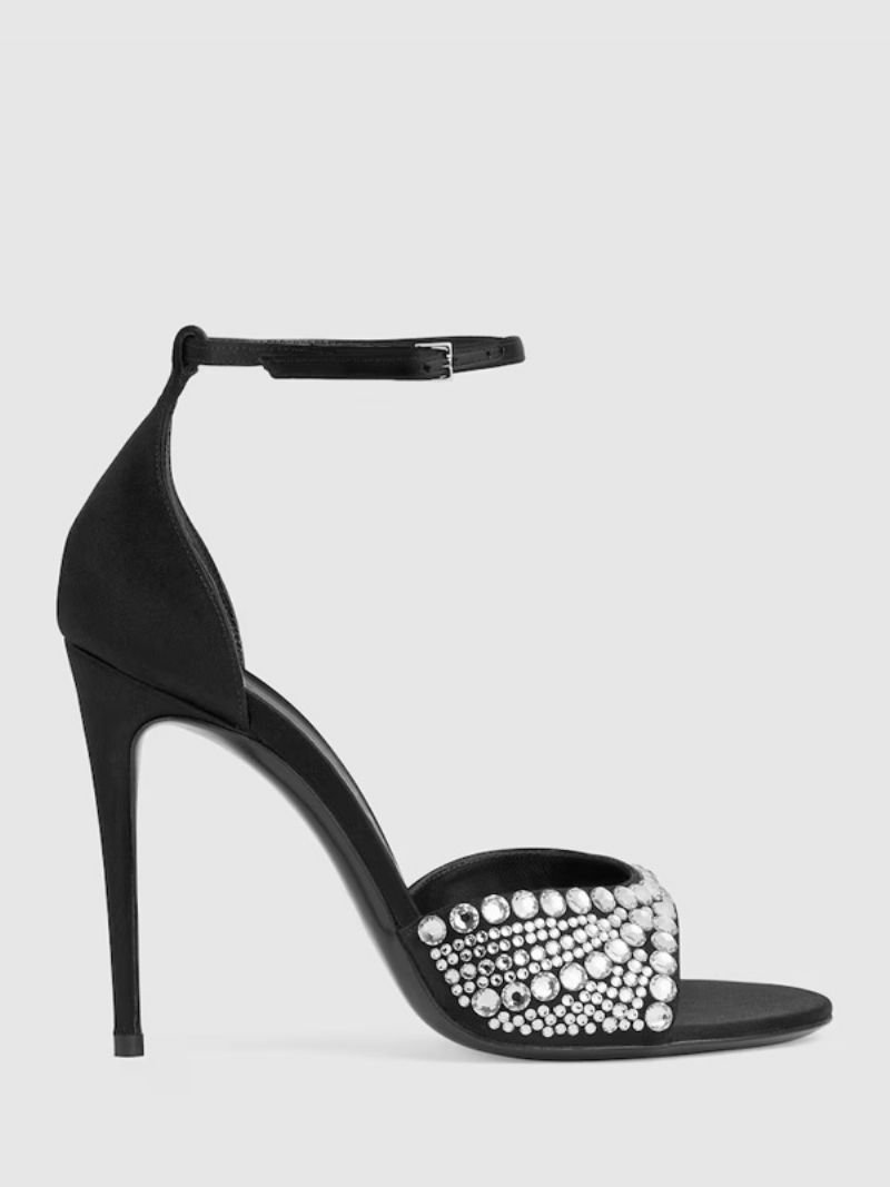 Damskie Sandały Na Obcasie Peep Toe Cyrkonie Szpilka Pasek Kostkę Buty Studniówkę - Czarny