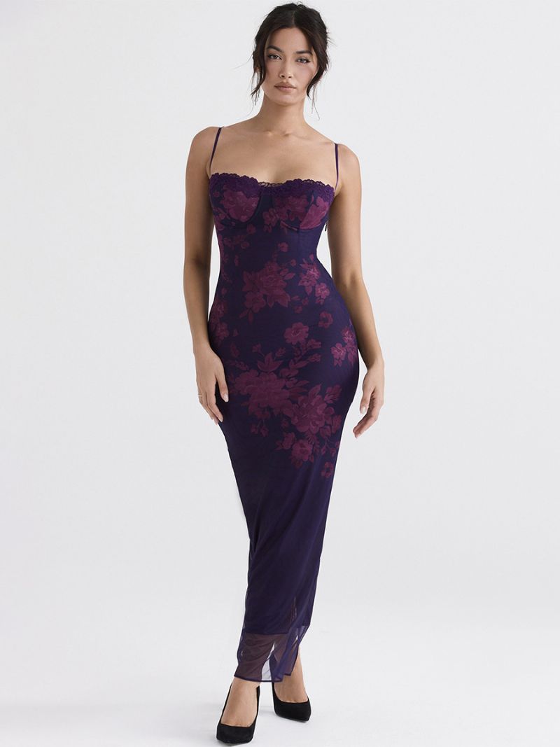 Damska Sukienka Gorsetowa Z Kwiatowym Nadrukiem Paski Spaghetti Seksowne Sukienki Maxi Typu Bodycon - Fioletowy