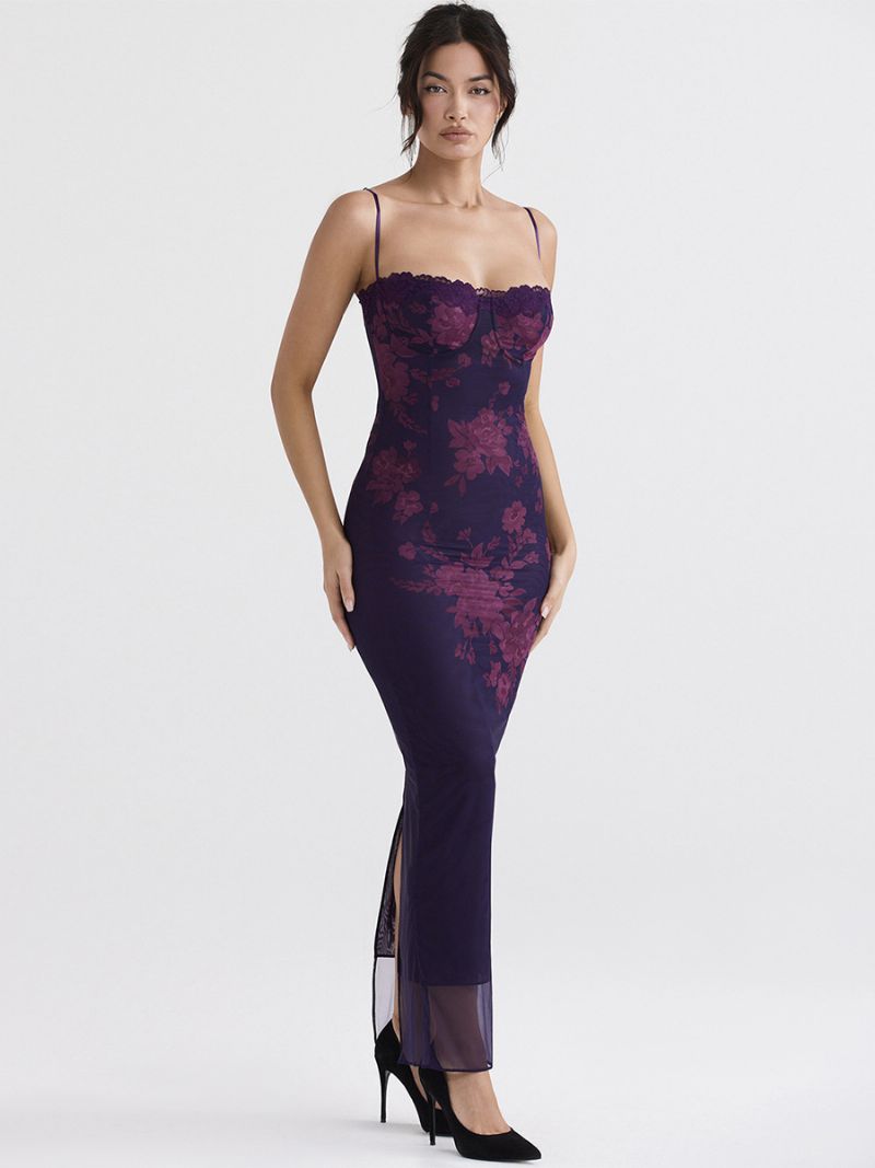 Damska Sukienka Gorsetowa Z Kwiatowym Nadrukiem Paski Spaghetti Seksowne Sukienki Maxi Typu Bodycon - Fioletowy