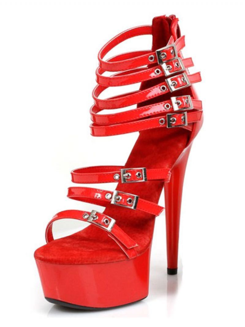 Buty Do Tańca Na Rurze Damskie Seksowne Sandały Platforma Wysokim Obcasie Z Wystającym Palcem Klamra Szczegóły Strappy Sky Wysokie Striptizerka - Ture Czerwony