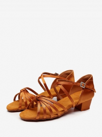 Damskie Buty Do Tańca Latynoamerykańskiego Brązowe Z Okrągłymi Noskami I Klamrą