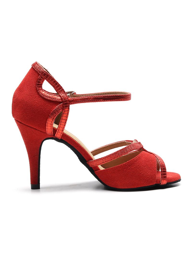 Damskie Buty Do Tańca Latynoskiego Zamszowe CZerwone Towarzyskiego Peep Toe - Czerwony