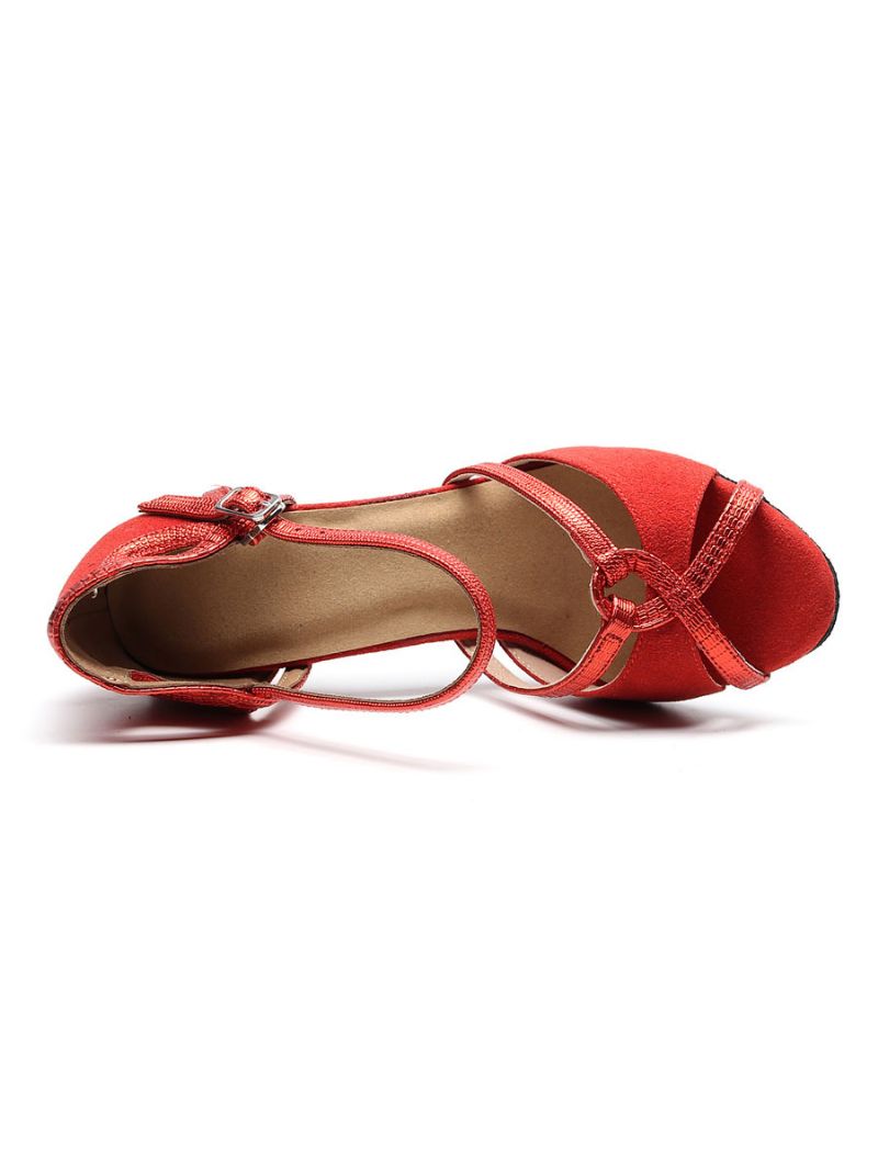 Damskie Buty Do Tańca Latynoskiego Zamszowe CZerwone Towarzyskiego Peep Toe - Czerwony