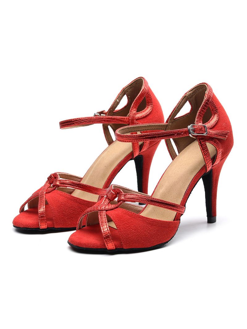 Damskie Buty Do Tańca Latynoskiego Zamszowe CZerwone Towarzyskiego Peep Toe - Czerwony