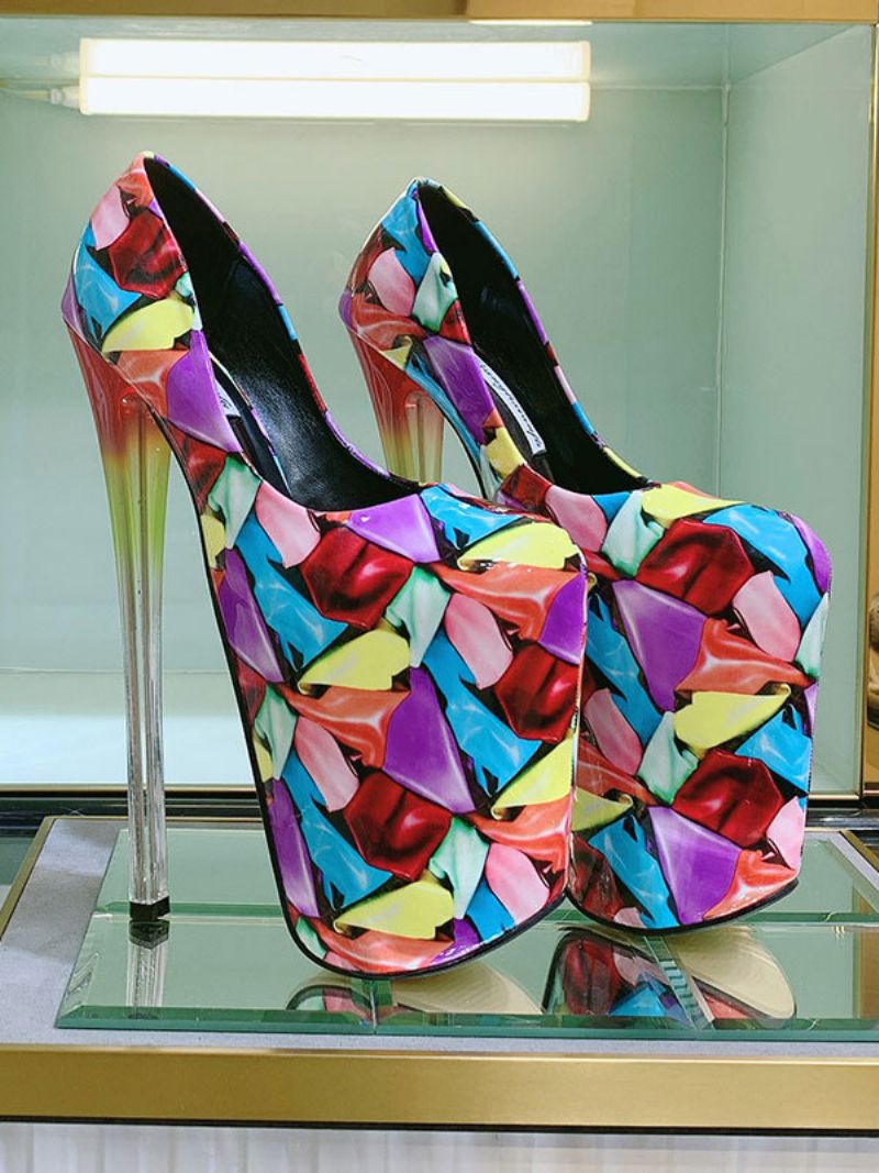 Damskie Buty Na Platformie Wysokie Obcasy CZarne Kwadratowe Z Nadrukiem Toe - Czerwony