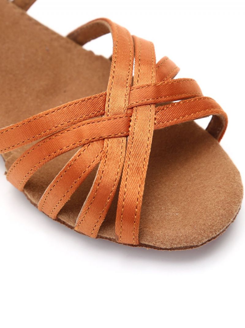 Damskie Satynowe Buty Do Tańca Towarzyskiego Open Toe Criss Cross Latynoamerykańskiego Dla Dzieci - Kawowy Brązowy
