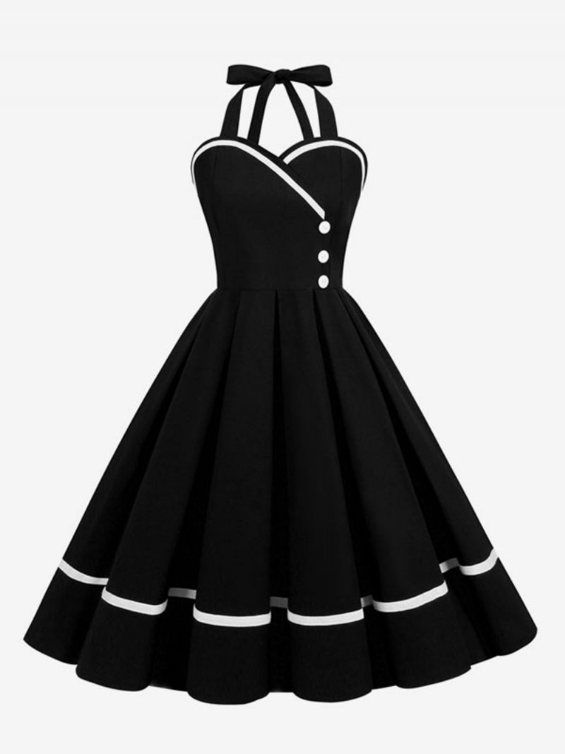 Damska Sukienka Retro Lata 50 Styl Audrey Hepburn Bordowa Warstwowa Z Guzikami Bez Rękawów Dekolt W Kształcie Serca Rozkloszowana - Czarny