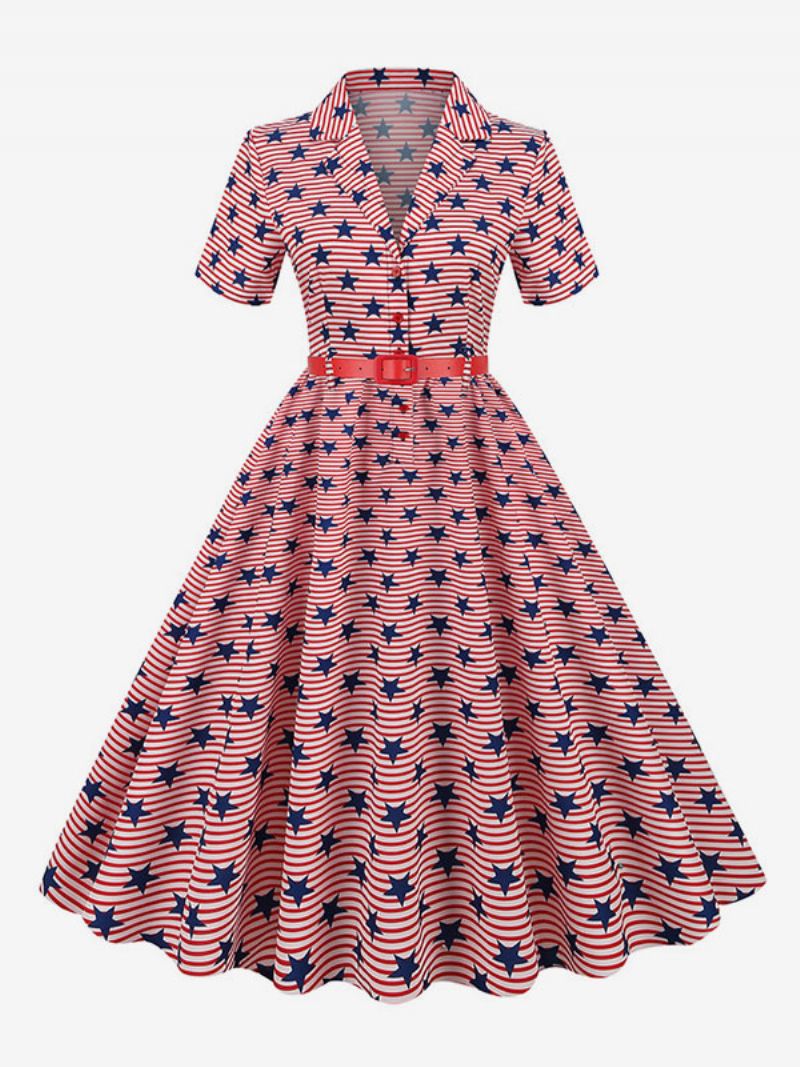 Damska Sukienka Retro Lata 50 Styl Audrey Hepburn Dekolt W Kształcie Litery V Szarfa Warstwowe Krótkie Rękawy Średnia Flaga Rockabilly