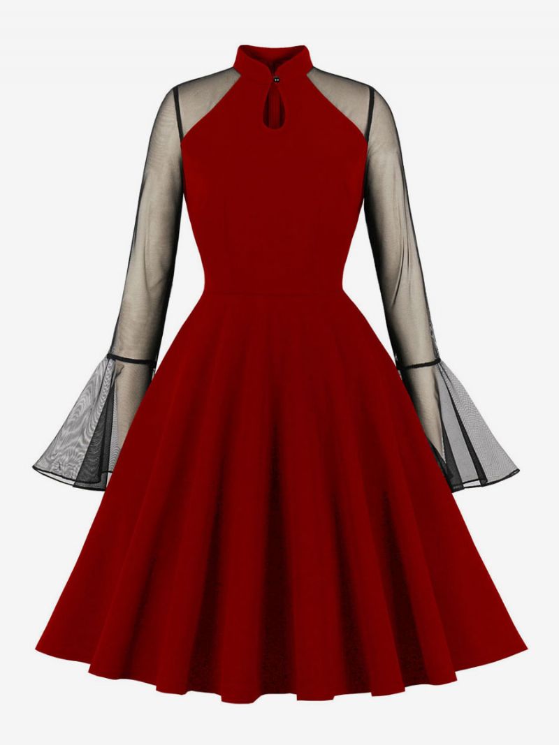Damska Sukienka Retro Lata 50 Styl Audrey Hepburn Kołnierzyk Ze Stójką Długie Rękawy Długość Do Kolan W Stylu Rockabilly - Burgundowy