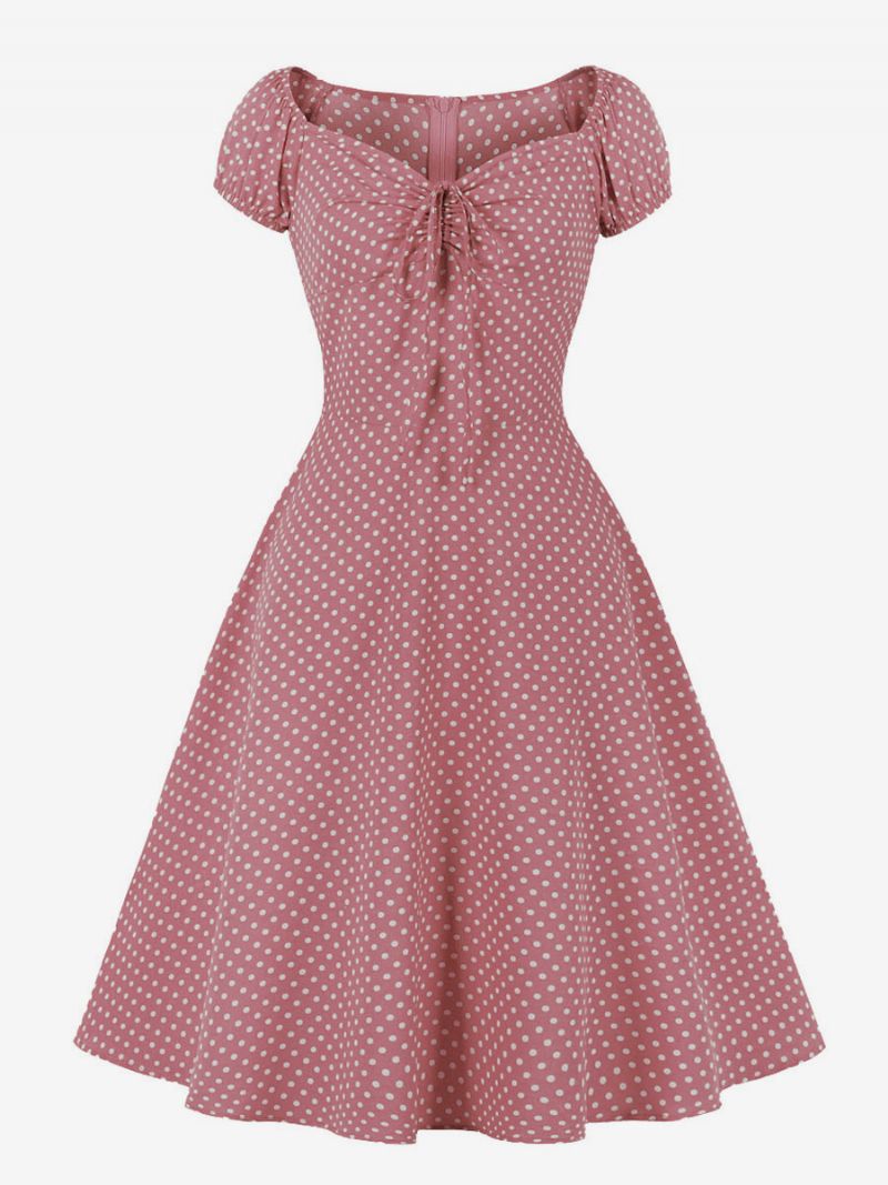 Damska Sukienka Retro Z Lat 50 Xx W Stylu Audrey Hepburn Dekoltem Kształcie Litery V Wiązanymi Krótkimi Rękawami Groszki Midi Typu Swing - Różowy