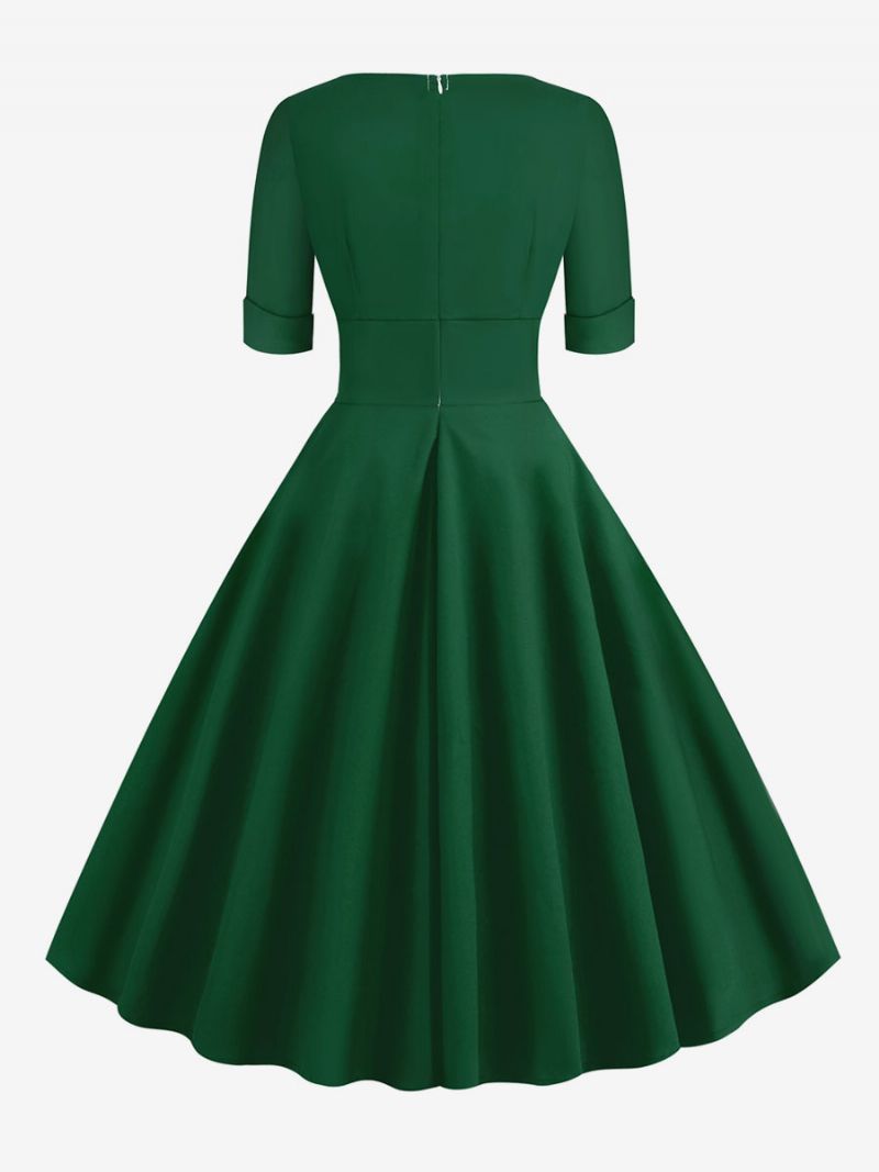 Damska Sukienka Vintage Styl Audrey Hepburn Lata 50 CZerwona Warstwowa Z Krótkimi Rękawami Dekoltem W Kształcie Serca Stylu Rockabilly - Zielony
