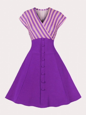 Damska Sukienka Vintage Styl Audrey Hepburn Lata 50 Niebieskie Paski Dekolt W Szpic Rockabilly