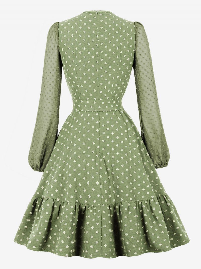 Sukienka Retro Z Lat 50 Xx W Stylu Audrey Hepburn Długimi Rękawami Damska Do Kolan Rozkloszowana - Jasnozielony